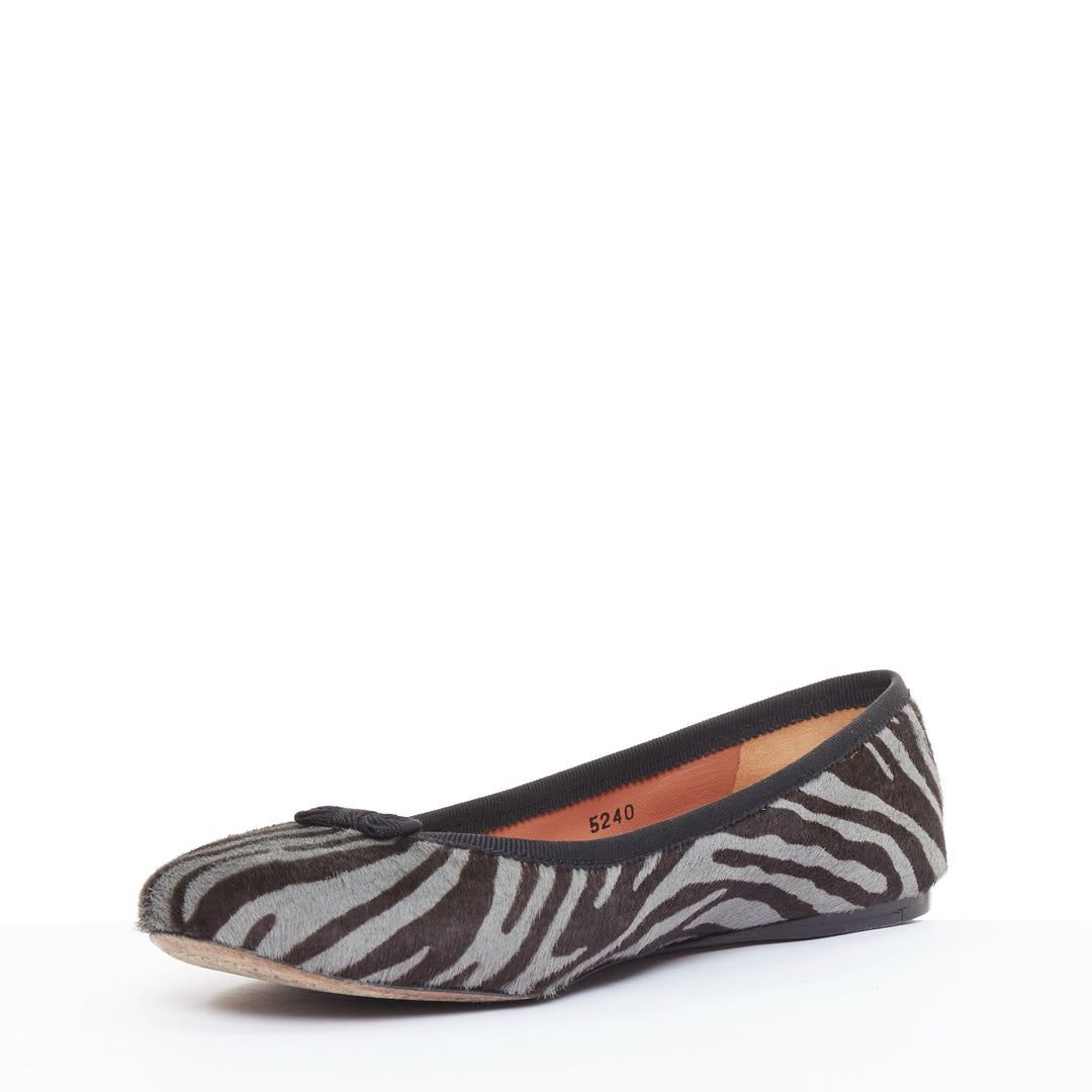 ALAIA grey black calf hair zebra print black grosgrain bow ballet flats EU37
