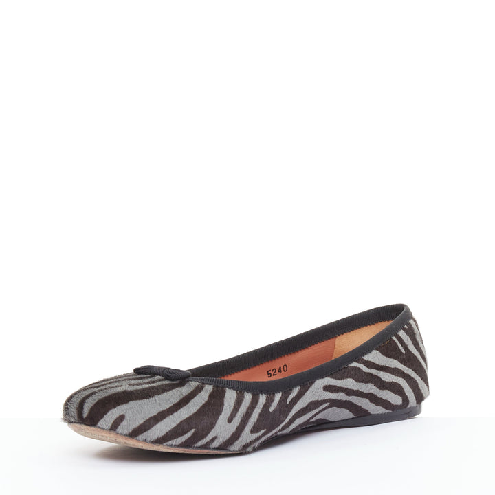 ALAIA grey black calf hair zebra print black grosgrain bow ballet flats EU37