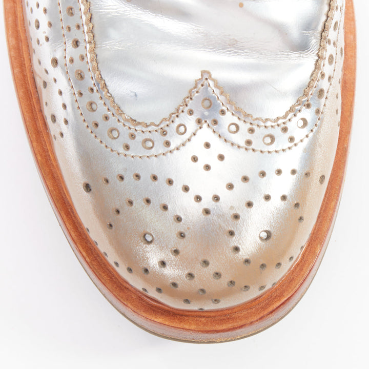 ALEXANDER MCQUEEN distressed silver leather perforated wingtip brogue shoes EU43