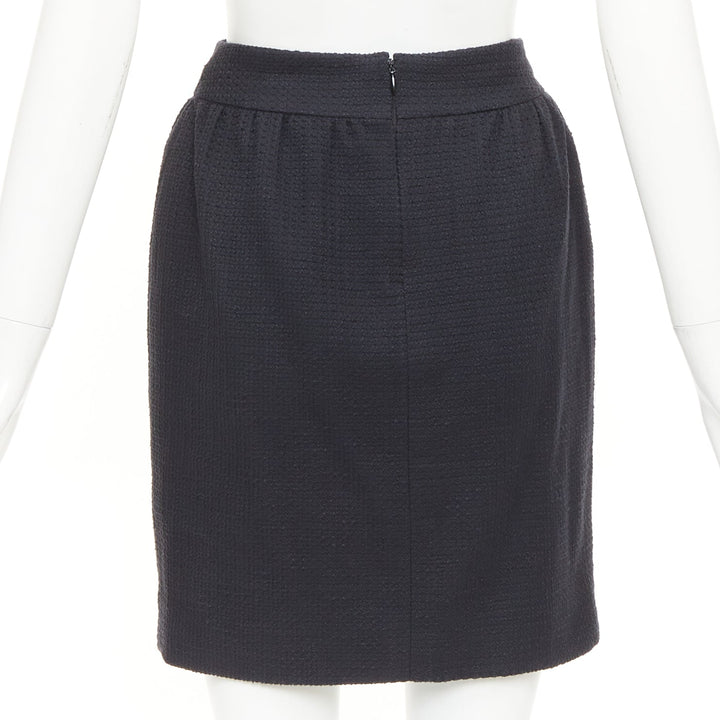 CHANEL 07C black cotton tweed ruched waist silk lined mini skirt FR36 S