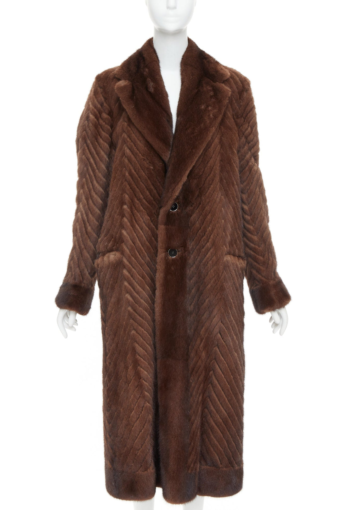 DOLCE GABBANA Alta Sartoria brown chevron cut mink fur silk lined coat IT34 XXS