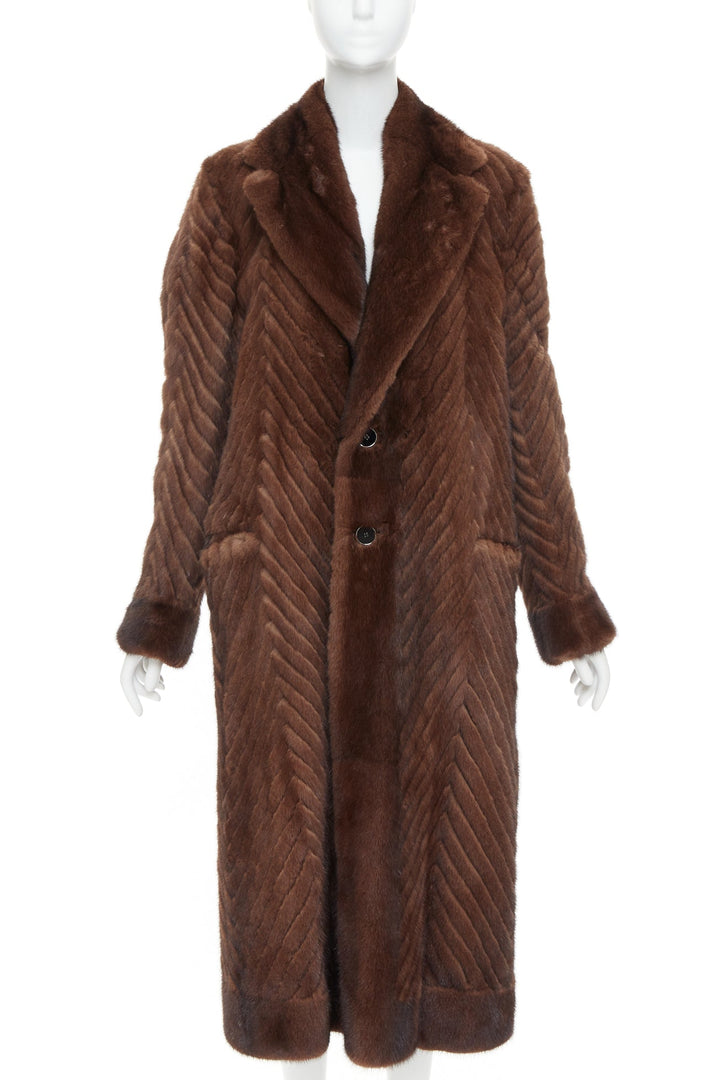 DOLCE GABBANA Alta Sartoria brown chevron cut mink fur silk lined coat IT34 XXS