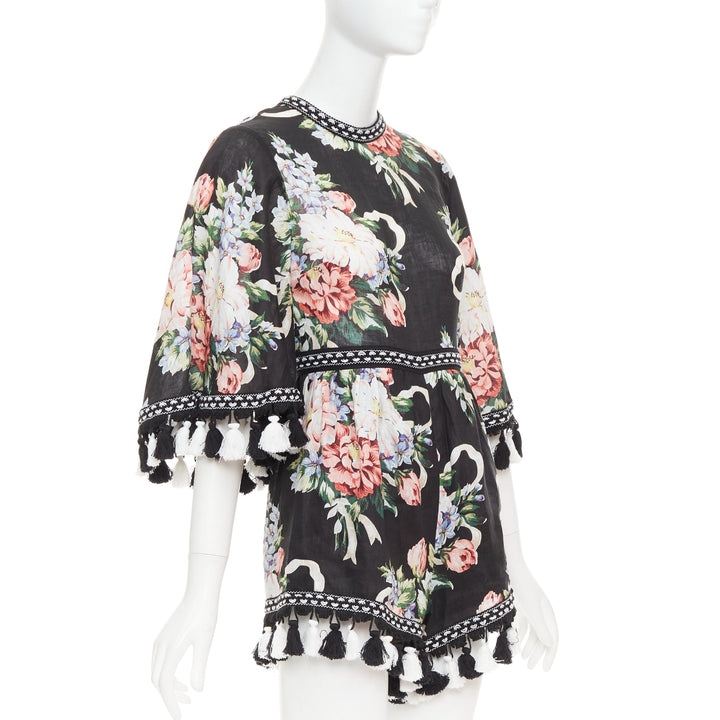 ALICE MCCALL Magic Moment black 100% linen floral fringed trim playsuit UK6 XS