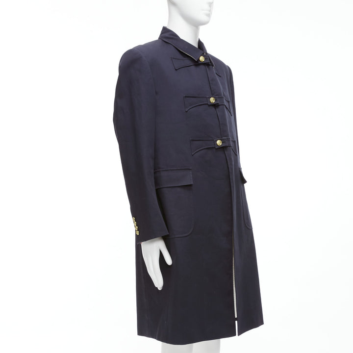 THOM BROWNE 2008 navy gold anchor button loop through boxy longline coat Sz.3 L