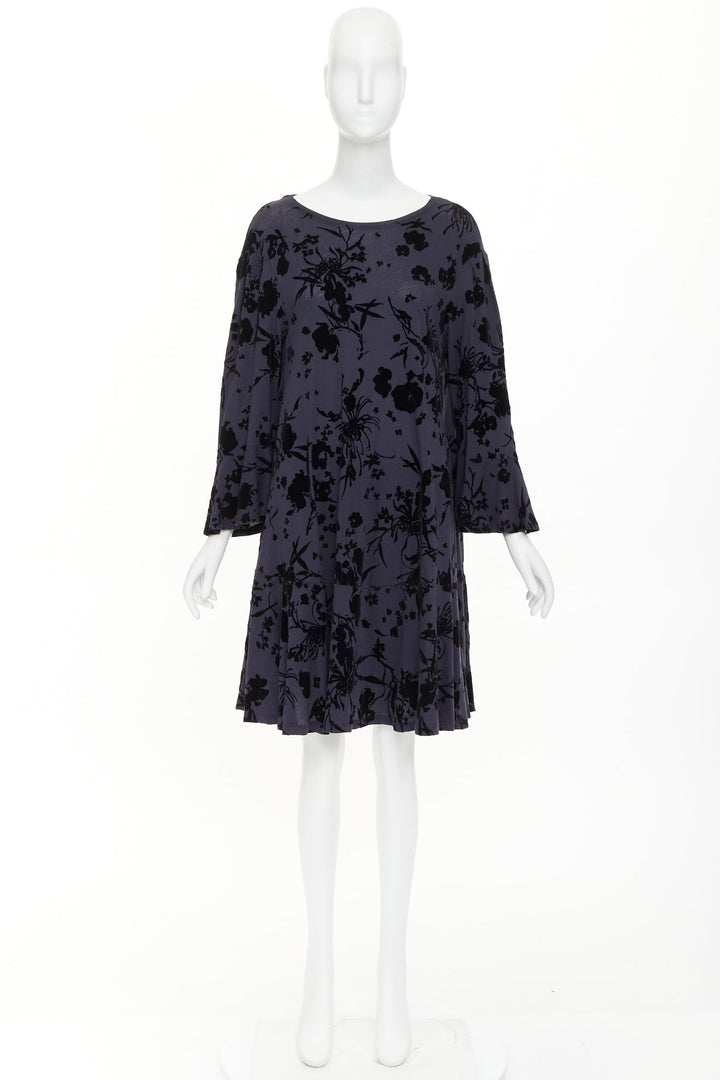 DRIES VAN NOTEN grey cotton black velvet damask floral flock print dress XS