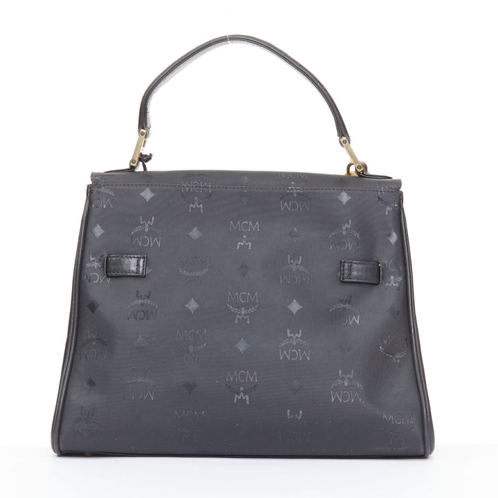 MCM Vintage Kelly black Visetos  monogram nylon leather trim GHW turnlock bag