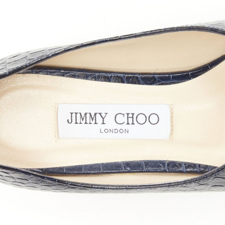 JIMMY CHOO black navy mock croc leather square toe JC charm flats EU38