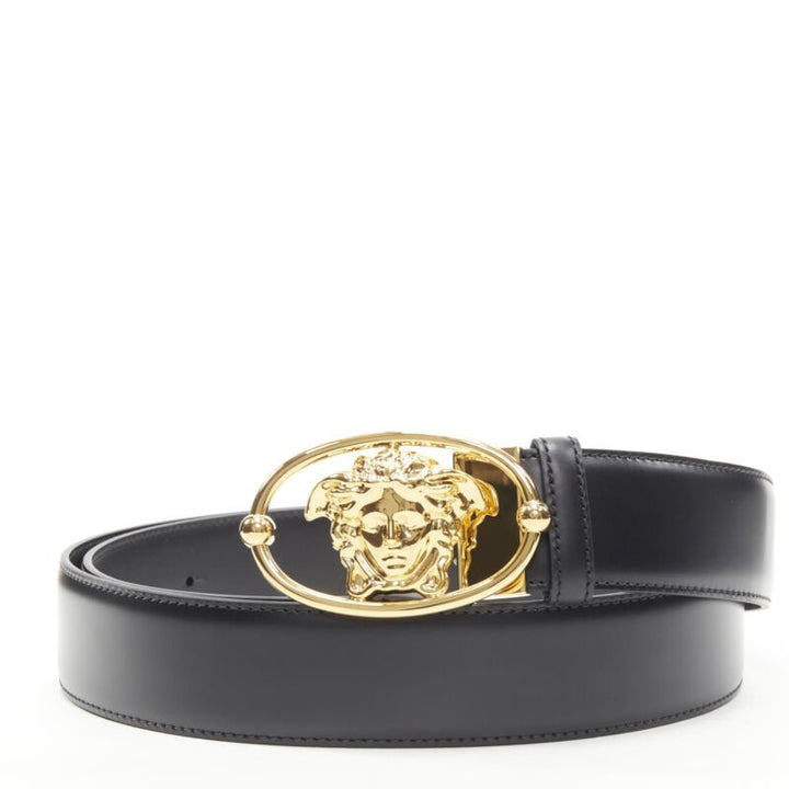 VERSACE La Medusa Insignia gold oval buckle black leather belt 110cm 42-46"