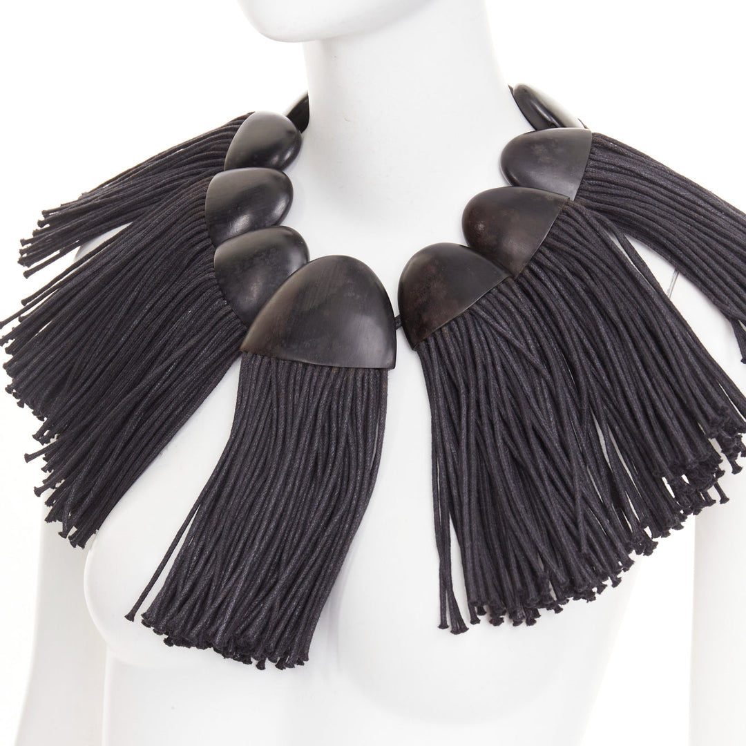 MONIES hand carved ebony wood panel fabric fringe radial statement bib necklace