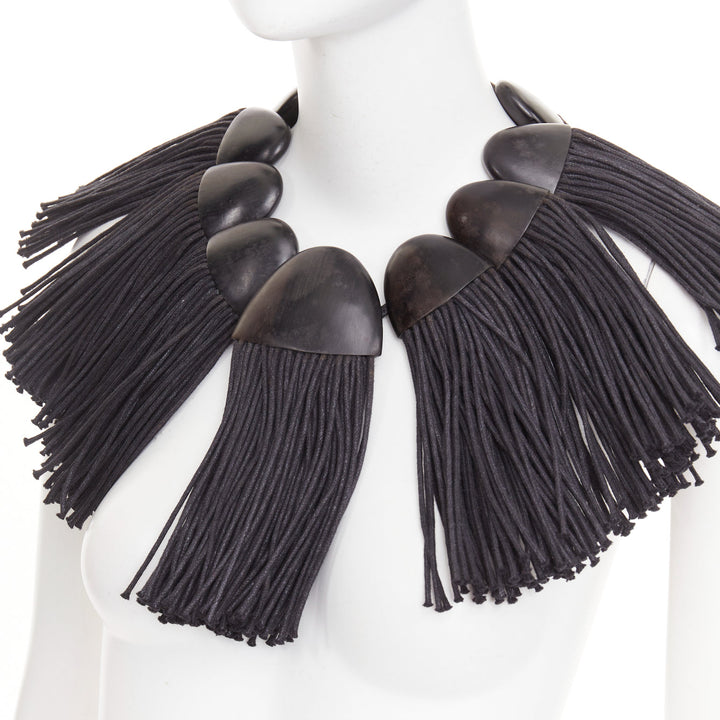MONIES hand carved ebony wood panel fabric fringe radial statement bib necklace