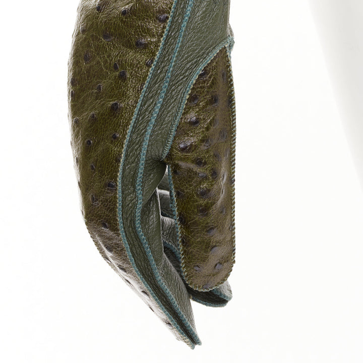 BOTTEGA VENETA dark green ostrich-effect buf goatskin cashmere lined gloves Sz.8