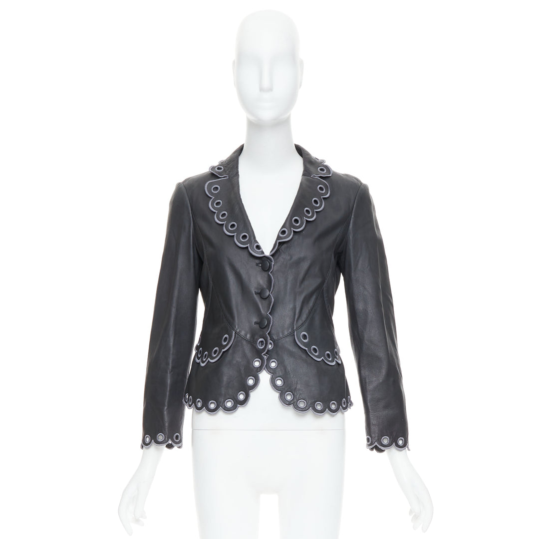 EMPORIO ARMANI 2009 black lambskin grey embroidered scalloped crop jacket IT40 S