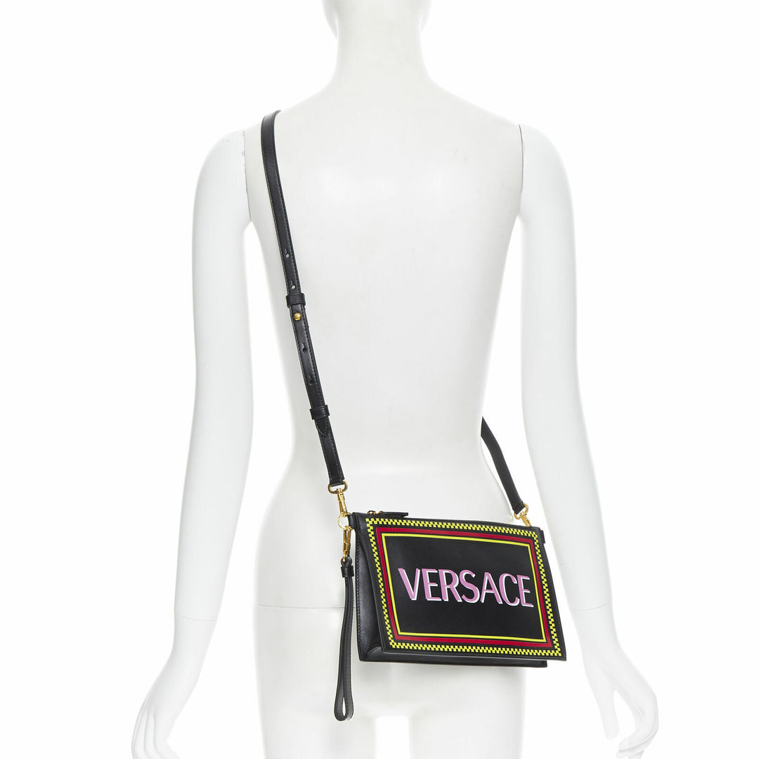 VERSACE 90s graphic logo black calf zip pouch crossbody clutch bag