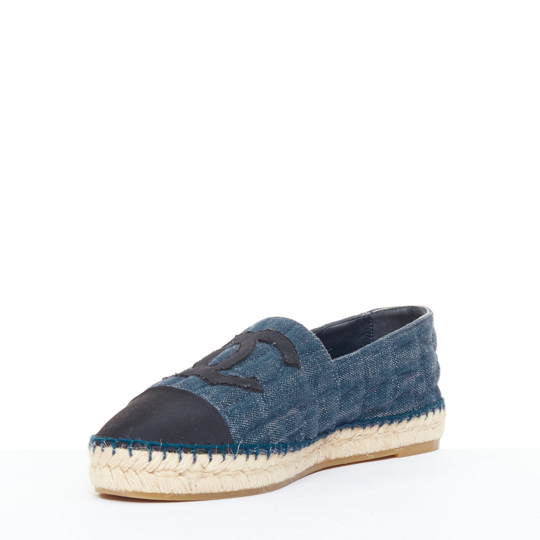 CHANEL 2016 blue embossed denim animal pattern quilted CC espadrilles shoes EU39