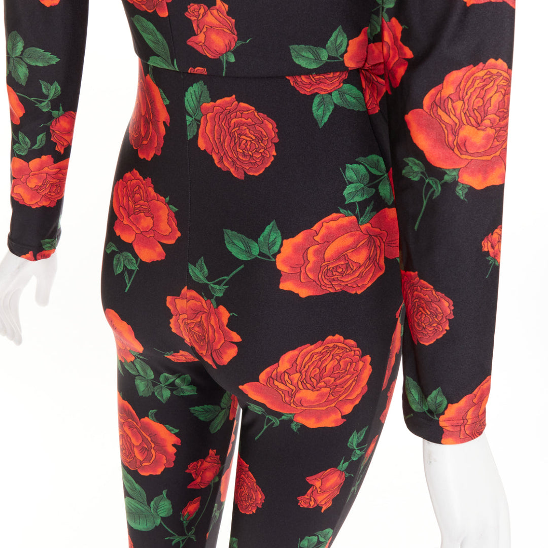SAINT LAURENT 2022 Runway twist plunging black red rose floral jersey catsuit S