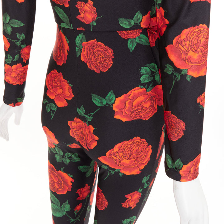 SAINT LAURENT 2022 Runway twist plunging black red rose floral jersey catsuit S