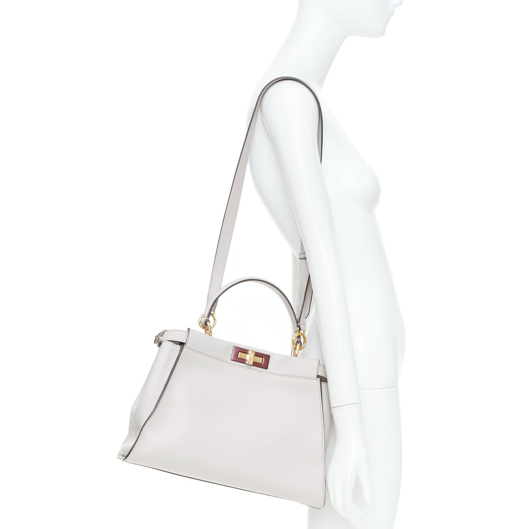 FENDI Peekaboo Medium Selleria Leather taupe grey enamel hardware top handle bag