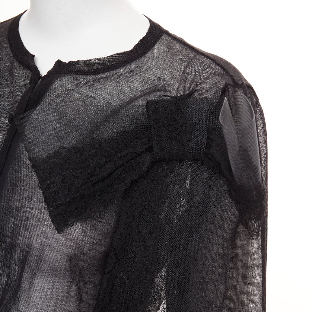 VALENTINO black cotton blend sheer knit oversized lace bow crop cardigan M