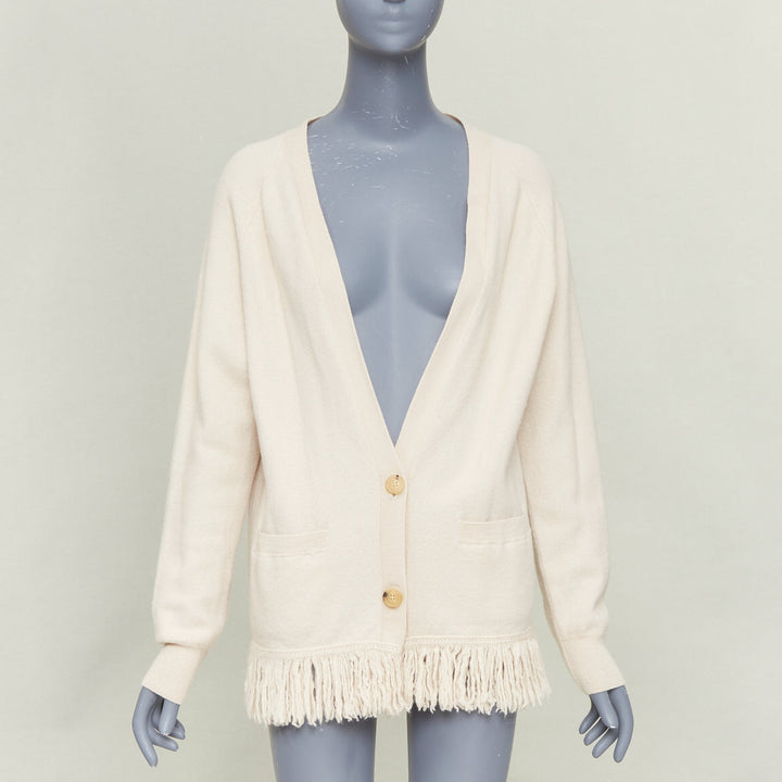 DRIES VAN NOTEN oversized fringe trim woolen button front cardigan sweater  L