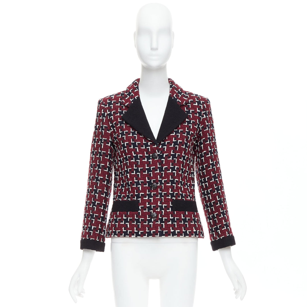 CHANEL 15A Runway Brassiere burgundy black geometric CC tweed jacket FR36 S