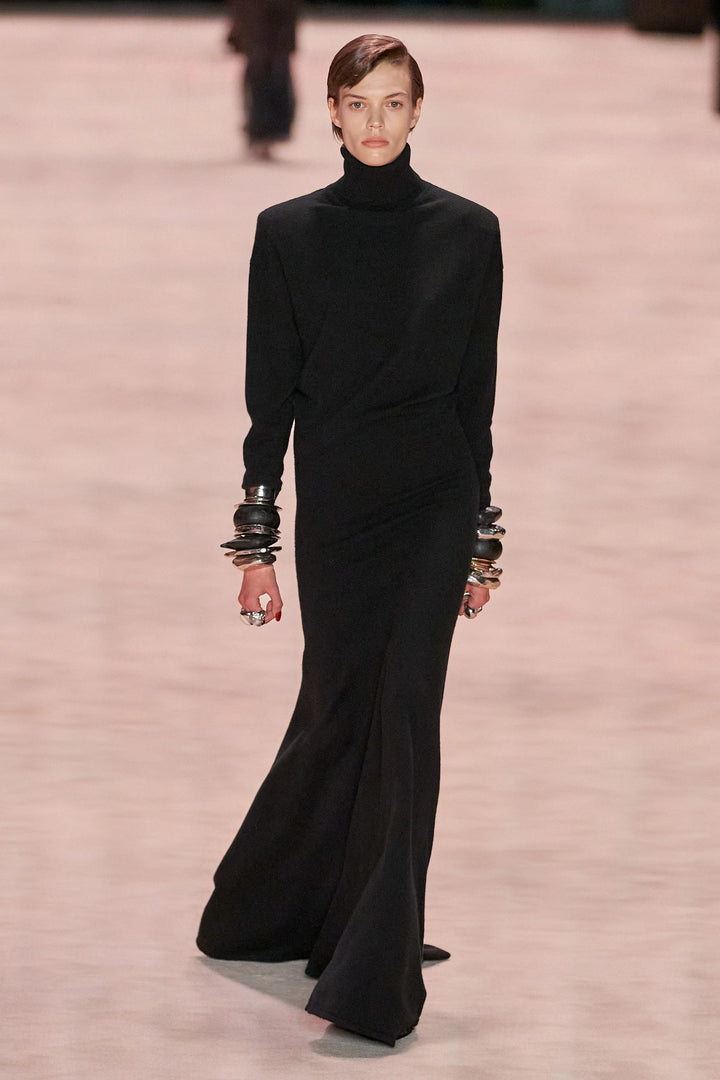 SAINT LAURENT 2022 Runway 100% cashmere turtleneck Power shoulder gown XS