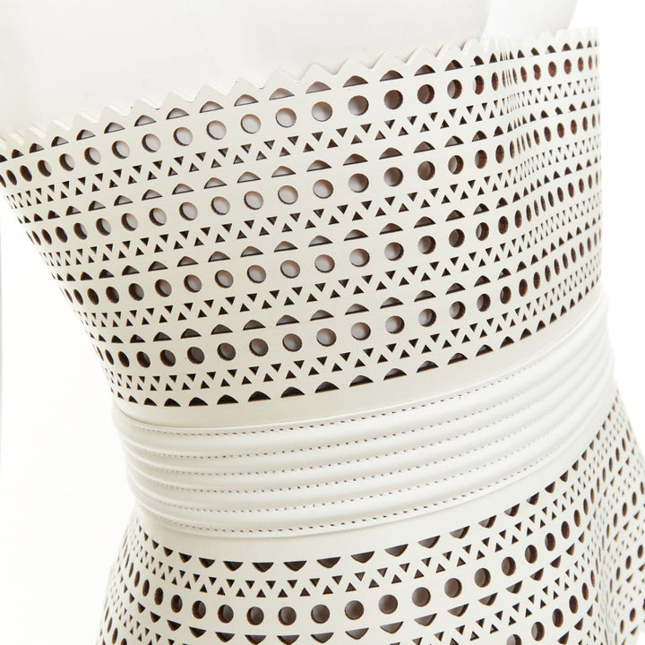 ALAIA Runway Le Corset Vienne laser cut white calfskin leather belt 65cm