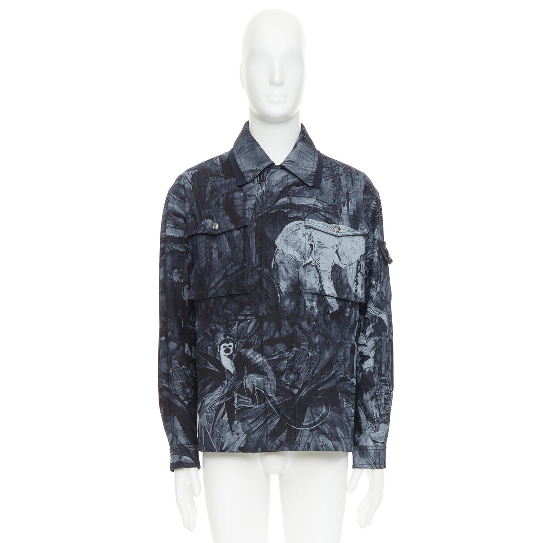 VALENTINO 2020 navy forest animal elephant monkey denim safari jacket IT48 M