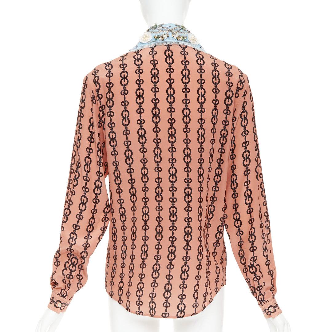 GUCCI Michele 2017 pink silk chain blue embroidered collar blouse IT38 XS