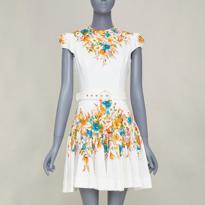 ZIMMERMANN Estelle white linen multicolor floral print belted mini dress Sz.1 XS