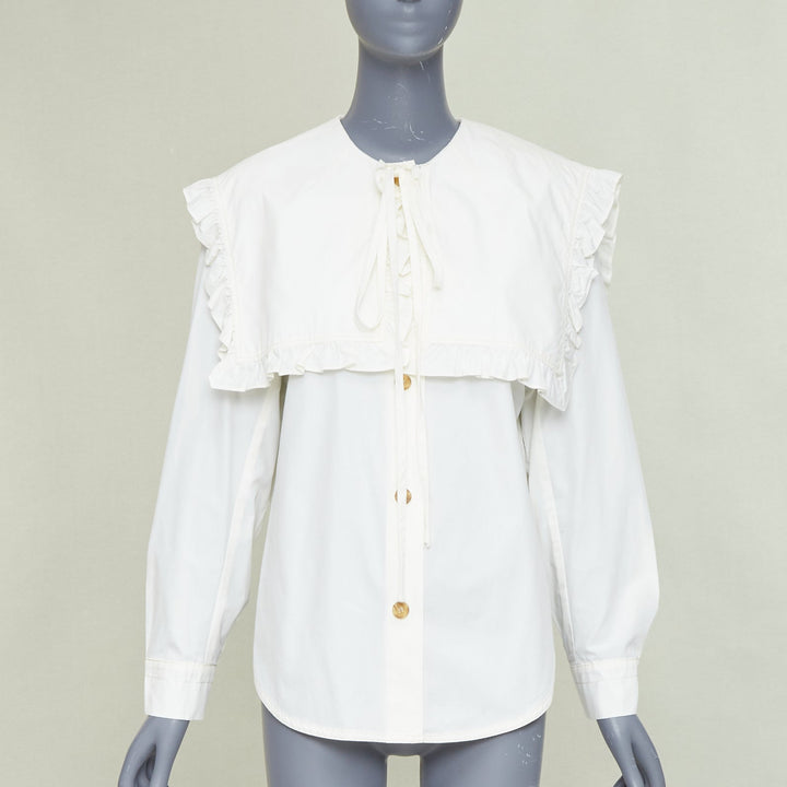 REJINA PYO Tate cream white ruffled sailor collar cotton-poplin  bow shirt S