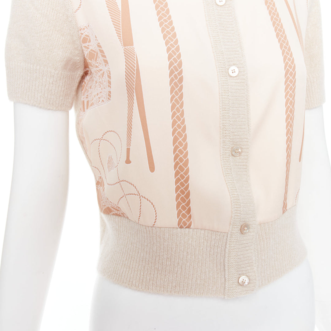 HERMES beige nude cashmere blend graphic silk crop cardigan FR38 M