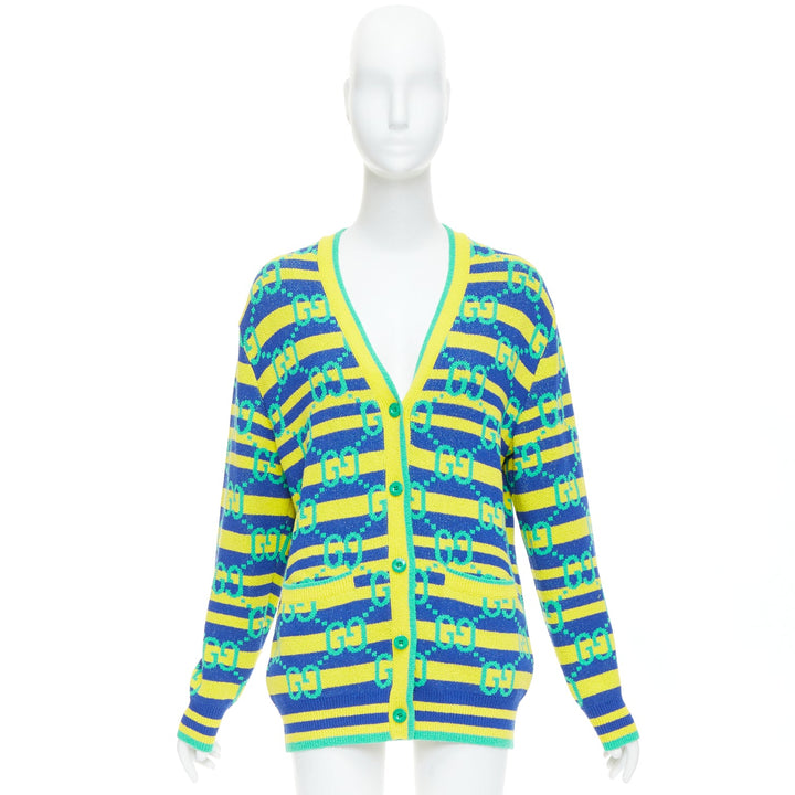 GUCCI green yellow blue GG monogram stripe cardigan XS