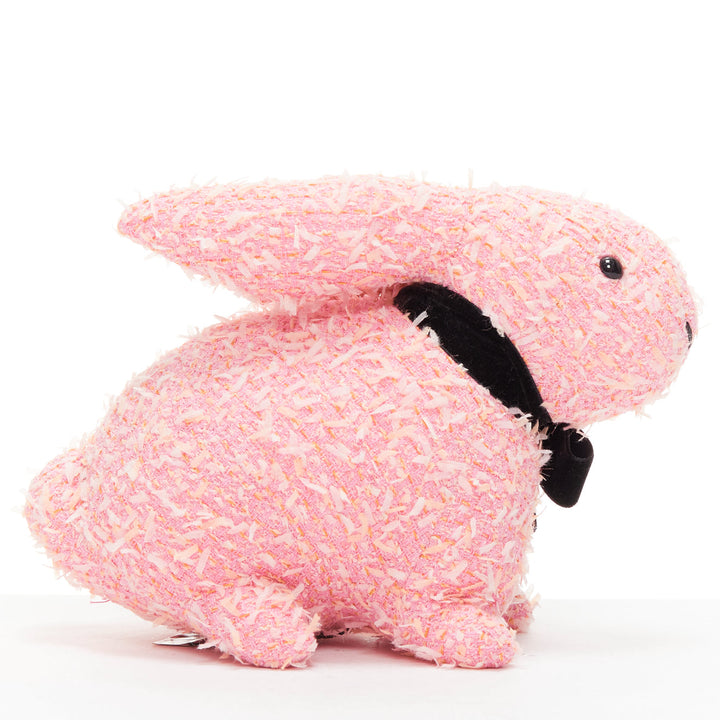 rare CHANEL 23P VIP pink tweed black CC logo button ribbon bunny plushie toy