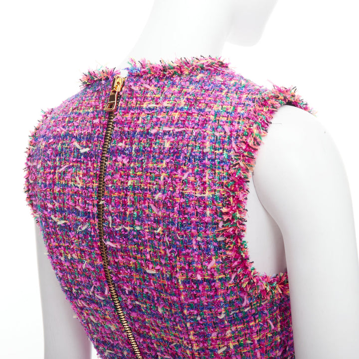 BALMAIN multicolor pink tweed black velvet buttons vest dress FR34 XS