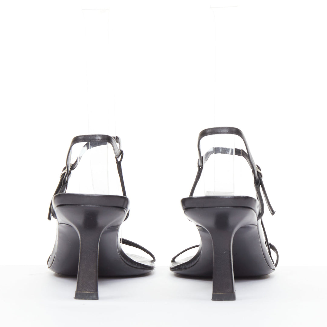 THE ROW Bare black minimalist slim straps silver buckles spool heel sandals EU36