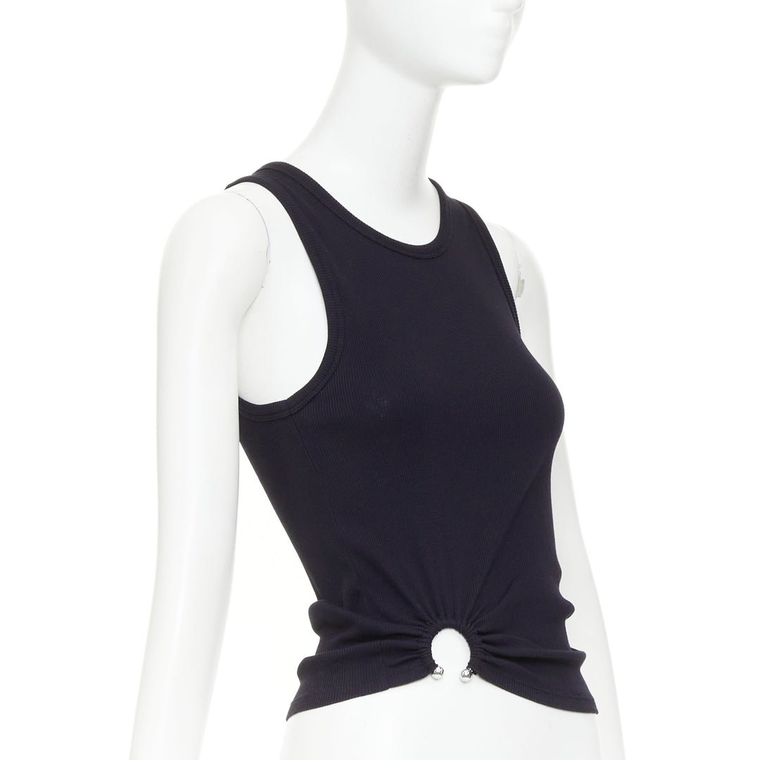 PACO RABANNE black silver piercing ring detail gathered ribbed tank top IT38 XS