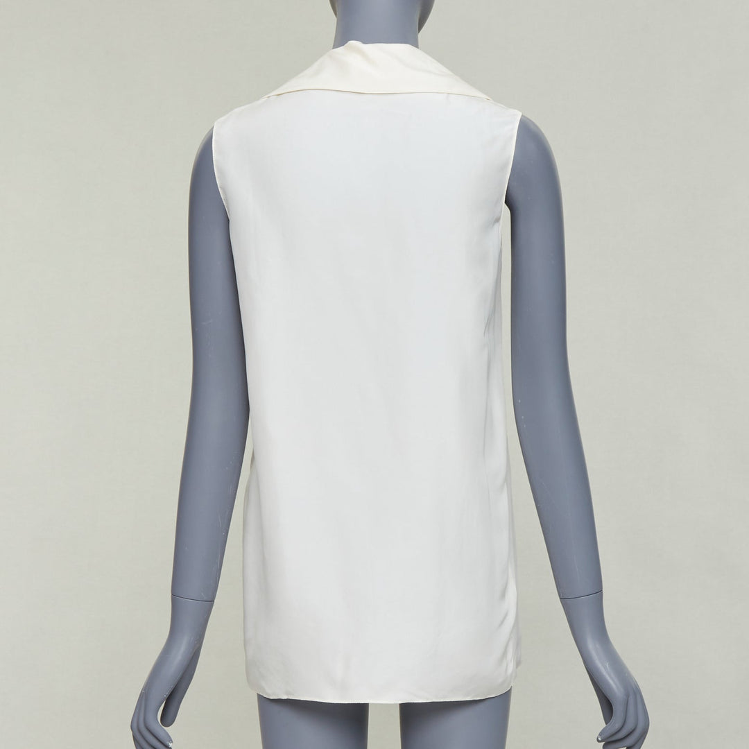 LANVIN 2015 cream silk wide lapel plunge neck sleeveless blouse top FR34 XS