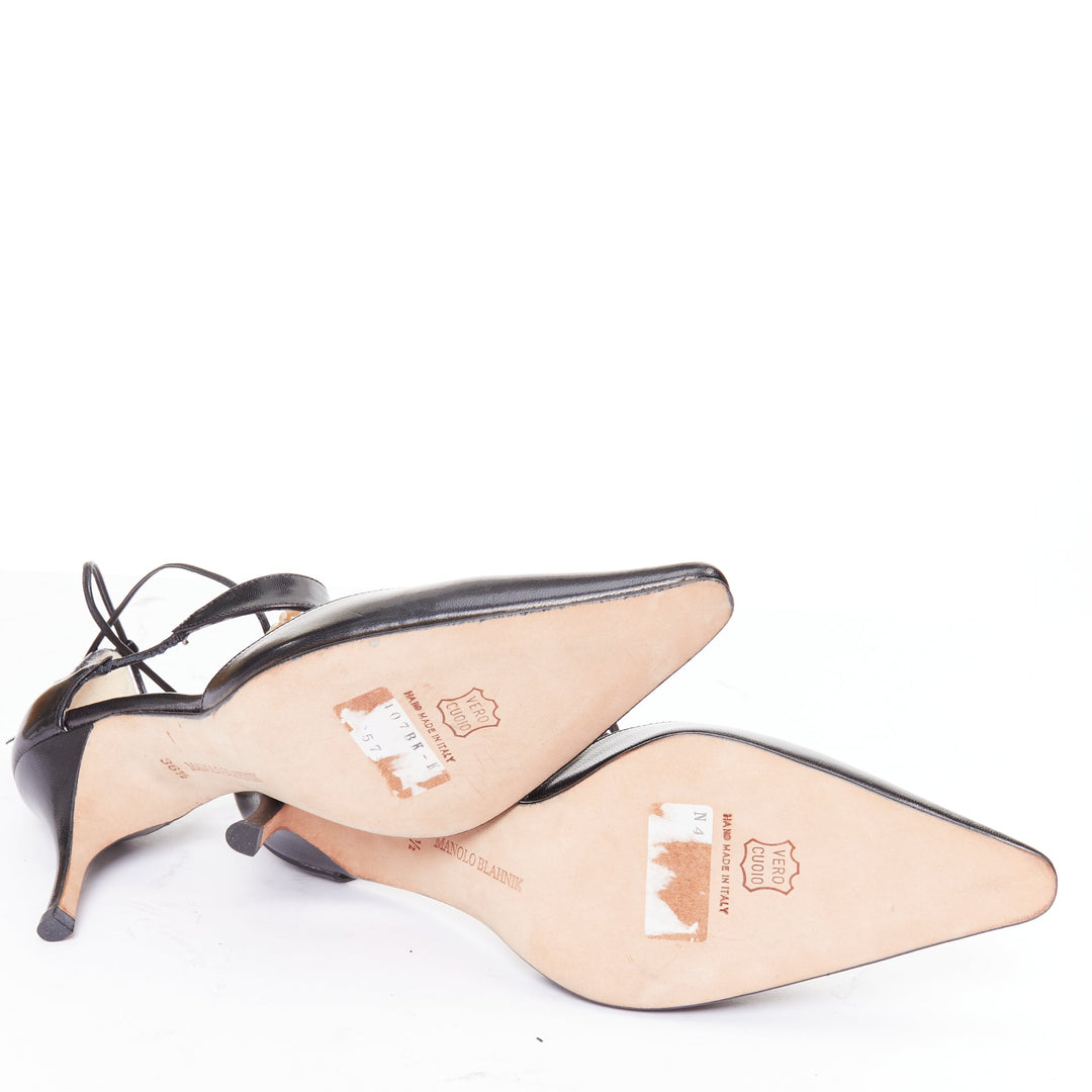 MANOLO BLAHNIK black calf leather nude pearl embellished tstrap heels EU36.5