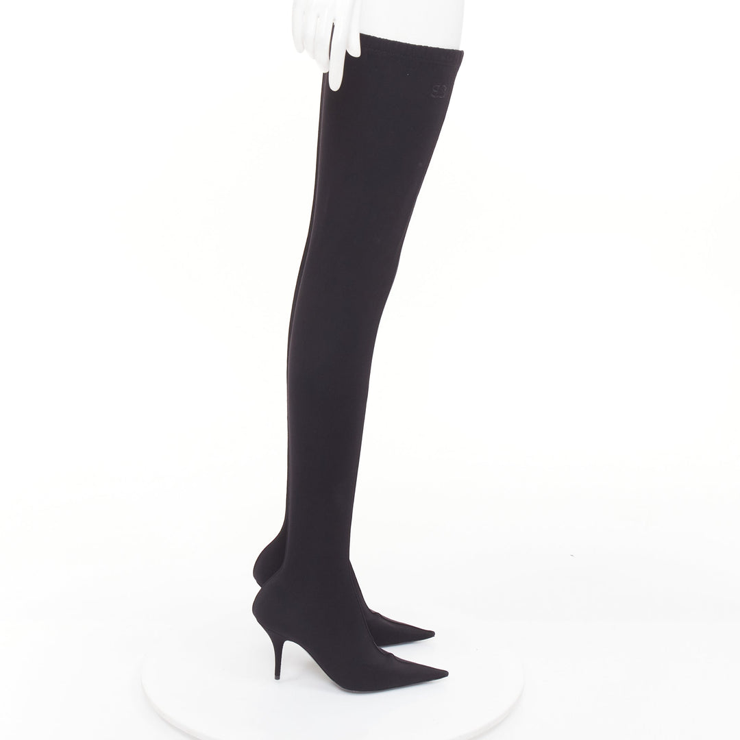 BALENCIAGA Demna Knife black crepe jersey BB embroidered thigh high boots EU38