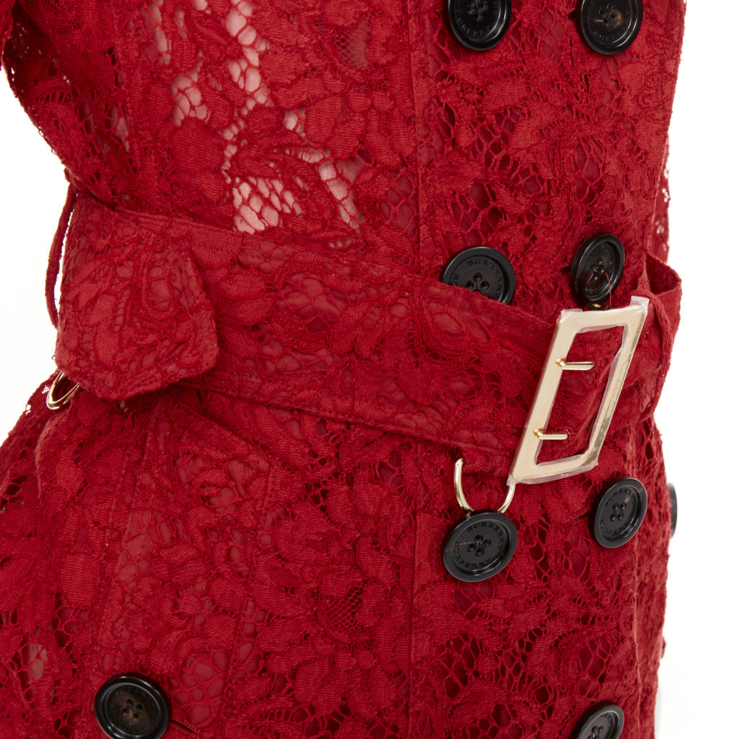BURBERRY 2016 Kensington red floral lace belted double breasted trench coat