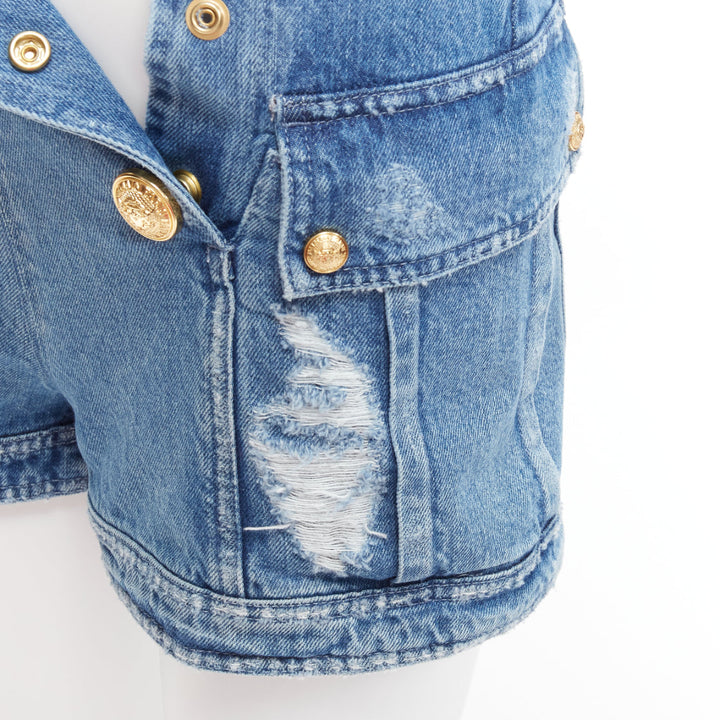 BALMAIN blue distressed denim gold buttons high waisted cargo shorts FR34 XS