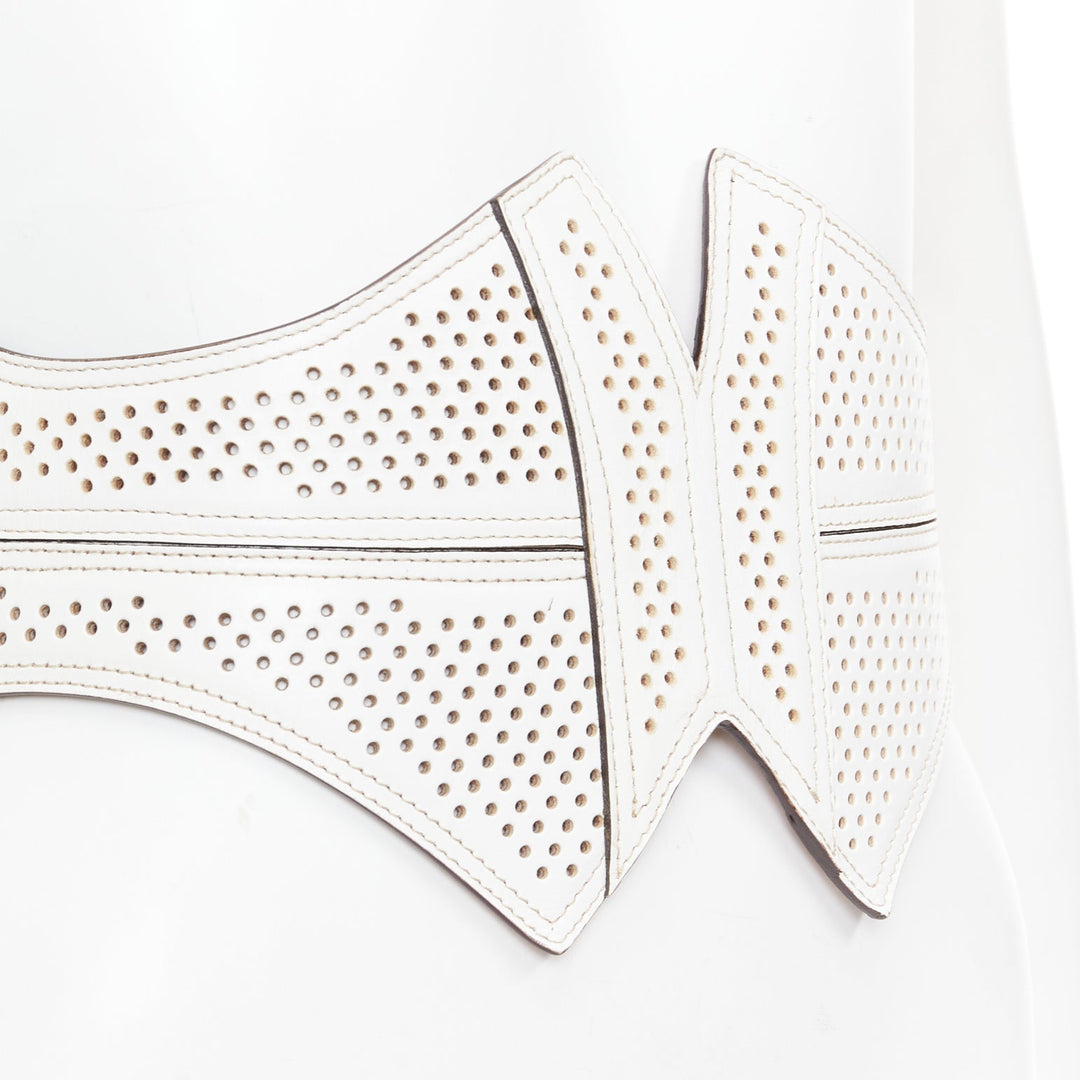 ALAIA white leather punctured perforated cinched waist wide belt 65cm