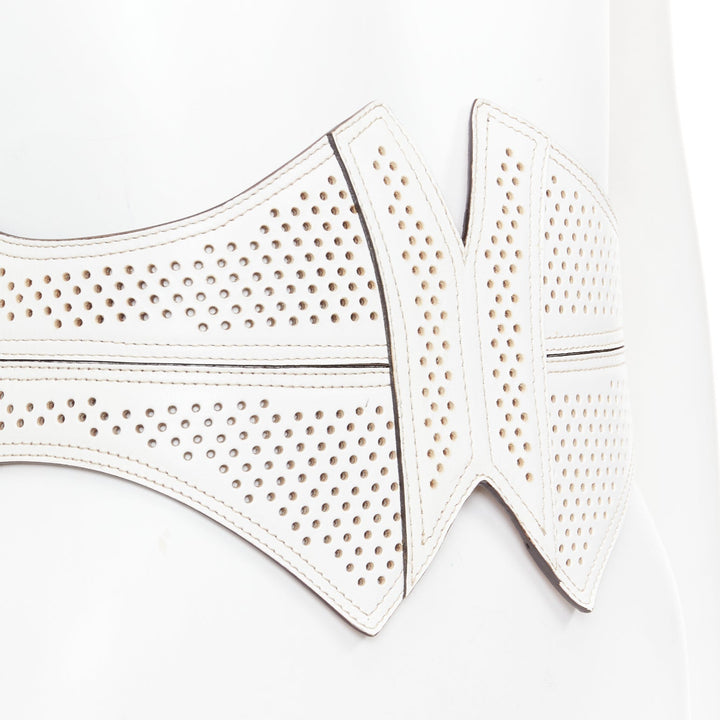 ALAIA white leather punctured perforated cinched waist wide belt 65cm
