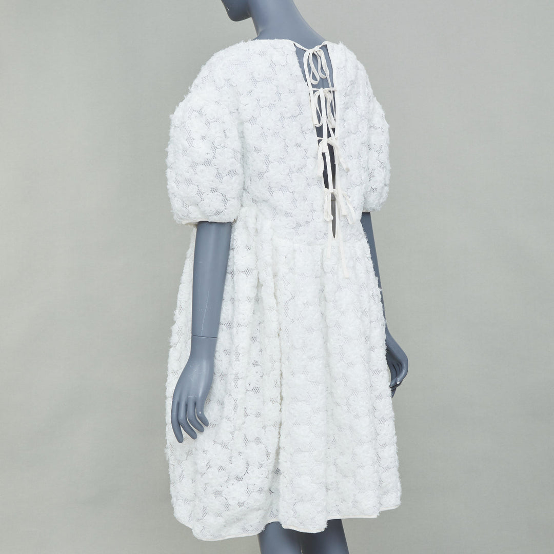 CECILIE BAHNSEN white textured floral puffy short sleeve babydoll dress UK8 S