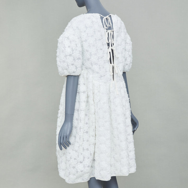 CECILIE BAHNSEN white textured floral puffy short sleeve babydoll dress UK8 S