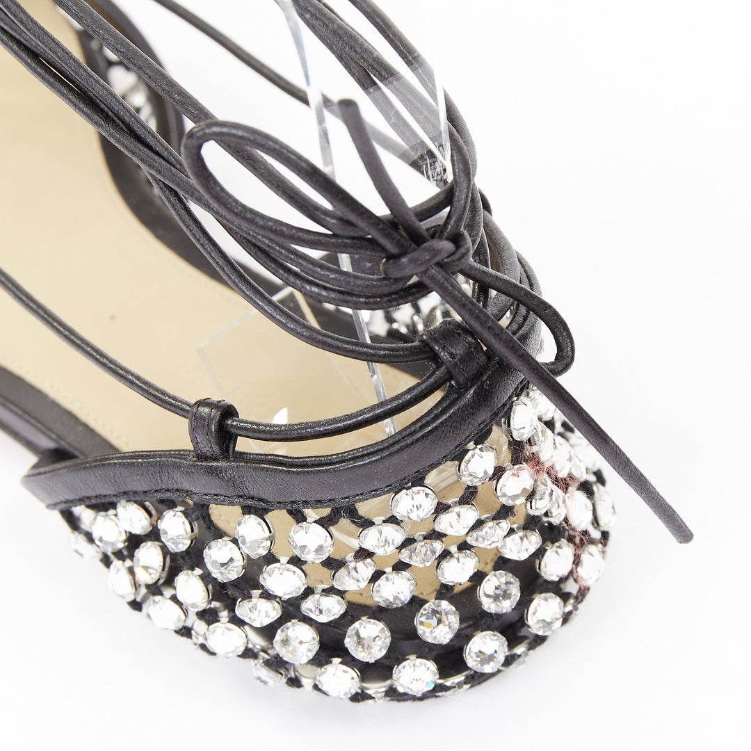 BOTTEGA VENETA Sparkle Stretch black leather crystal mesh lace up flats EU38