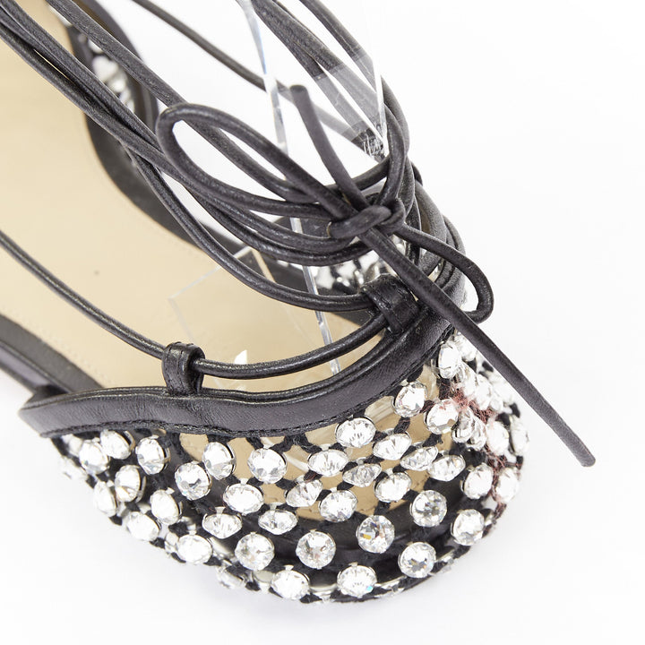 BOTTEGA VENETA Sparkle Stretch black leather crystal mesh lace up flats EU38
