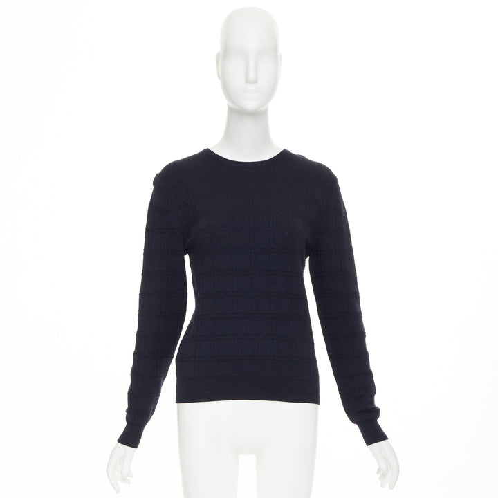 DIOR Macrocannage navy geometric jacquard wool silk blend knit sweater FR34 XS