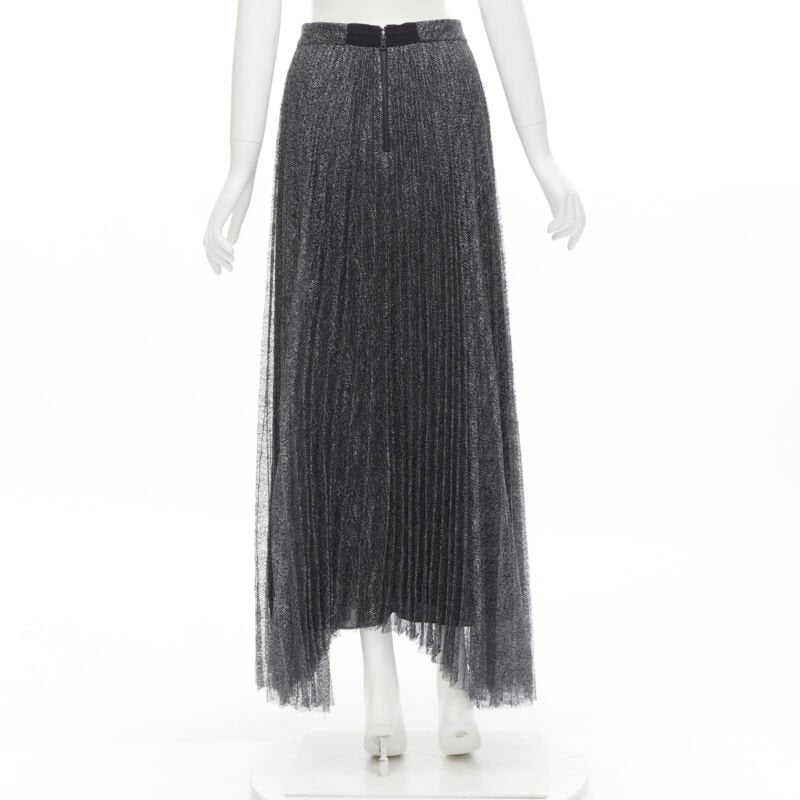 ALICE OLIVIA metallic silver thread black pleated asymmetric hem skirt US2