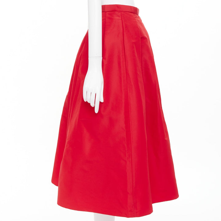 TIBI red 100% silk taffeta pleated high waist A-line flared midi skirt US 2 S